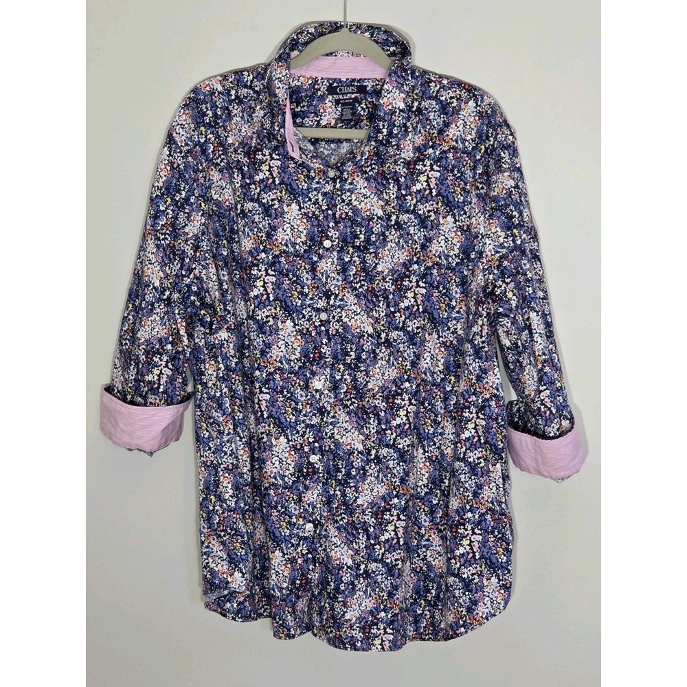 CHAPS Women's 3X Shirt Collared Pink Blue Floral Button Up 3/4 Sleeve No Iron